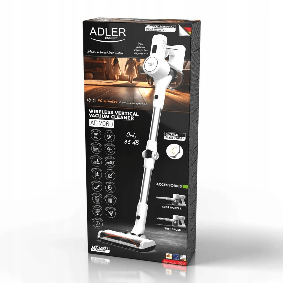 Scatola di un aspirapolvere verticale senza fili Adler Europe AD 7060 bianco, con accessori e specifiche.