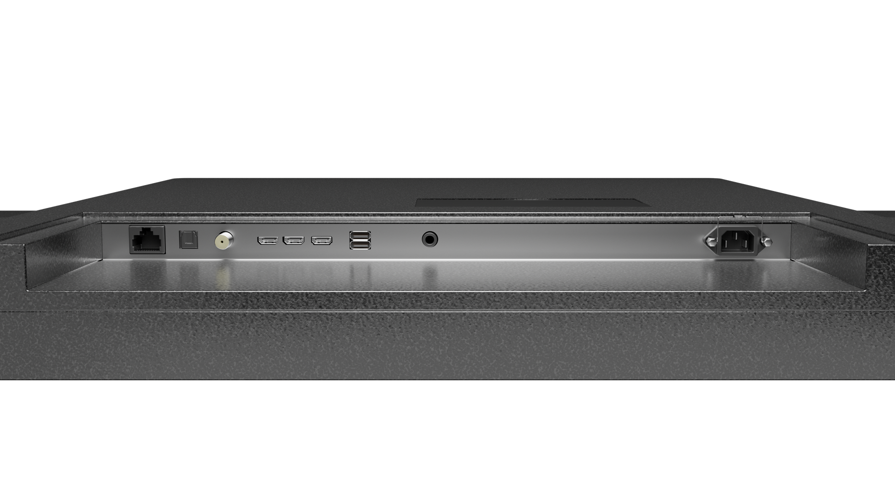 Rückseite eines Geräts mit verschiedenen Anschlüssen wie Ethernet, HDMI, USB und Stromeingang in einer Metallmulde.