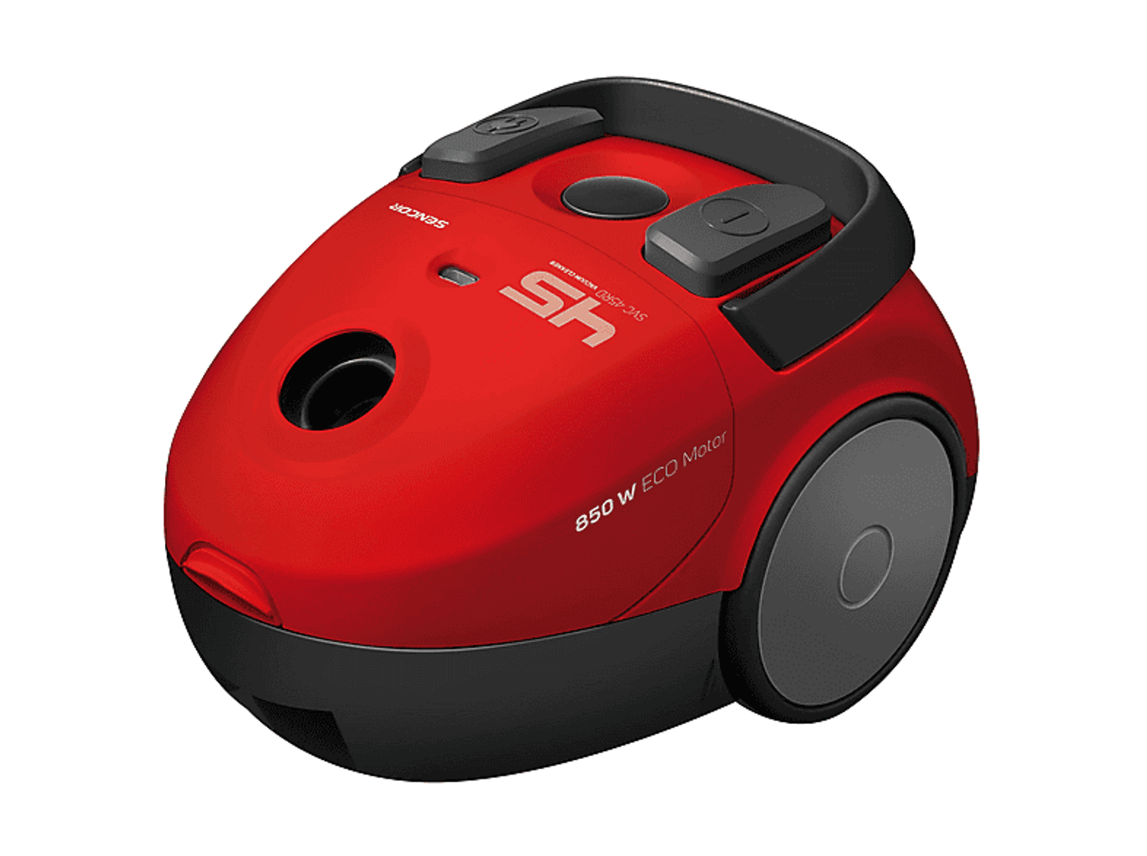 Un aspirapolvere compatto rosso e nero su sfondo bianco con motore ecologico.