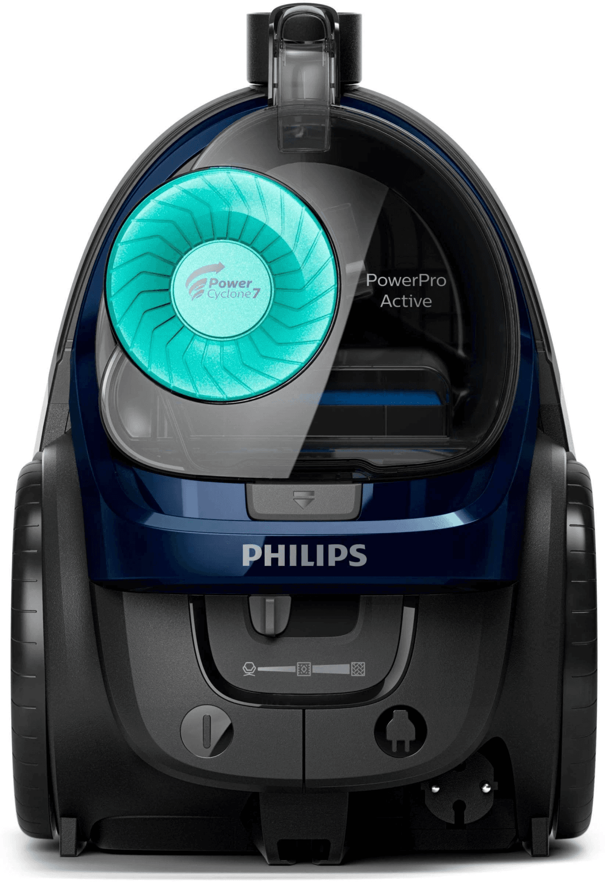 Aspirapolvere Philips PowerPro Active blu scuro con logo PowerCyclone 7 turchese.