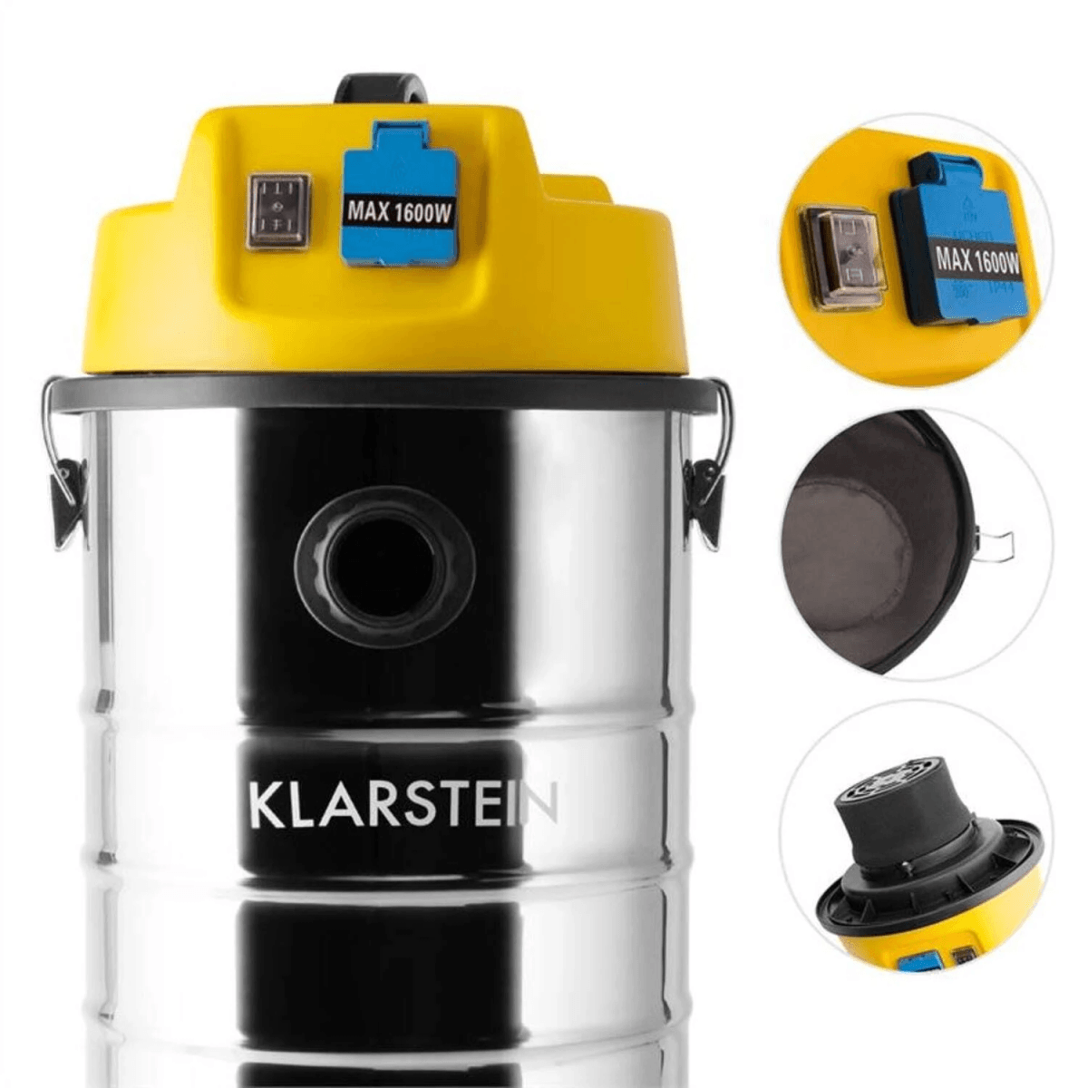 Aspiratore industriale Klarstein giallo e argento con presa e dettagli ingranditi a destra.