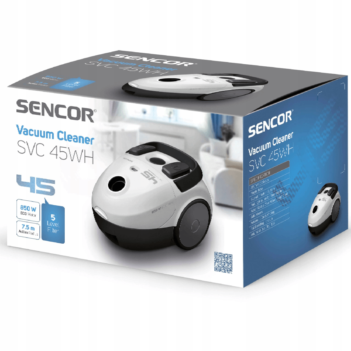 Confezione di un aspirapolvere Sencor SVC 45WH bianco e nero su sfondo bianco.