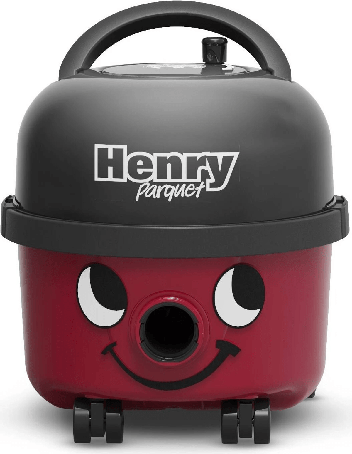 Un aspirapolvere rosso Henry Parquet con parte superiore nera, maniglia, ruote e un viso sorridente.