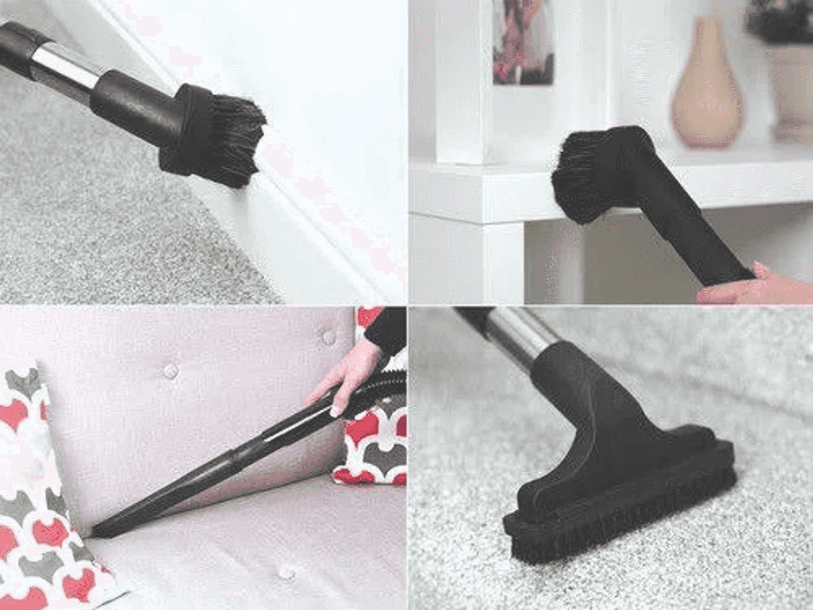 Quattro immagini mostrano diversi accessori per aspirapolvere mentre puliscono pareti, scaffali, fessure di divani e tappeti.