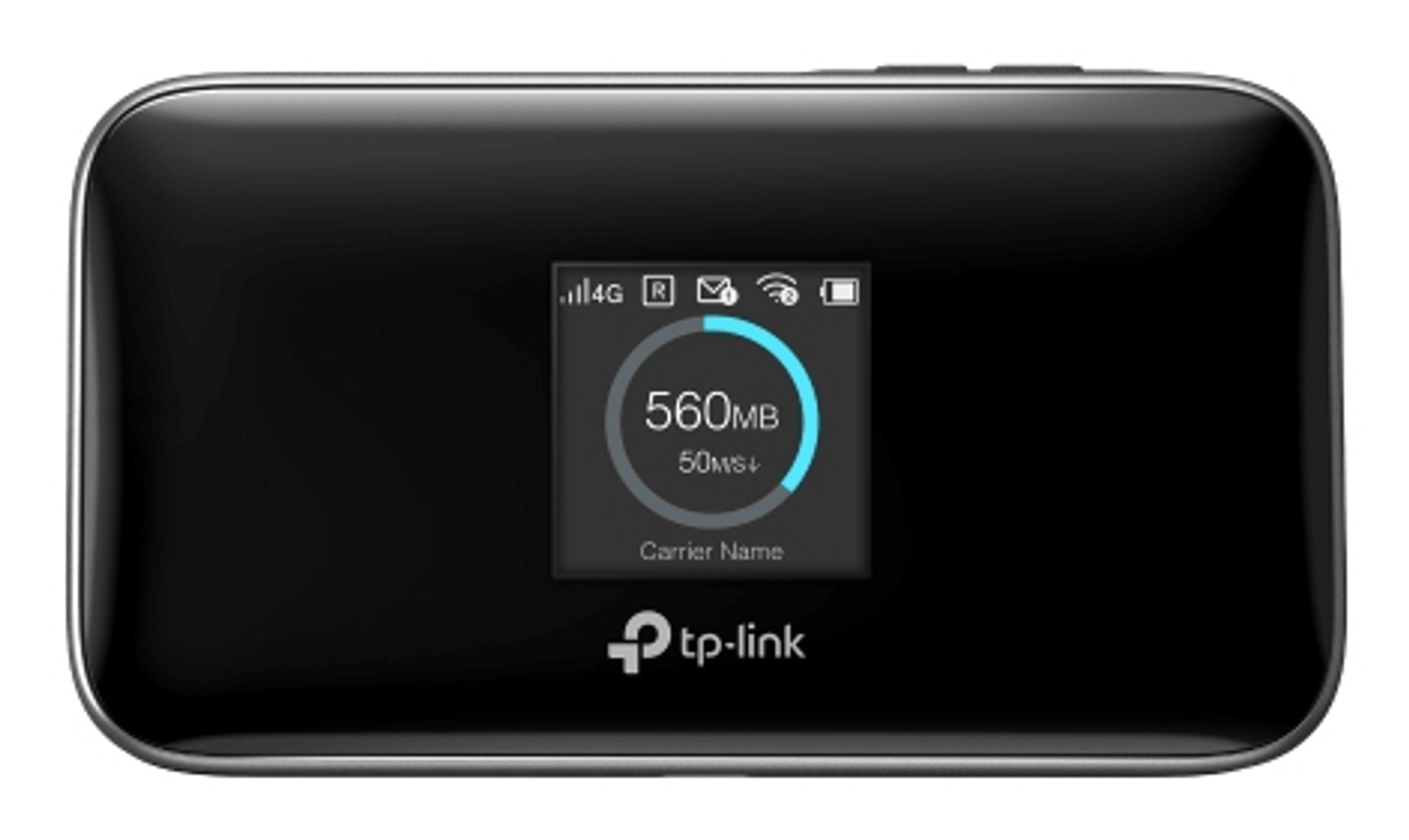 Veri kullanımını ve ağ simgelerini gösteren dijital ekranlı siyah TP-Link taşınabilir mobil Wi-Fi yönlendirici.