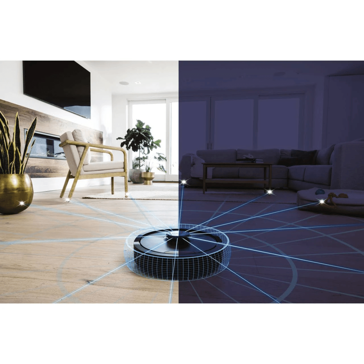 Ein Saugroboter scannt tags und nachts ein Wohnzimmer mit blauen Laserlinien zur Navigation.