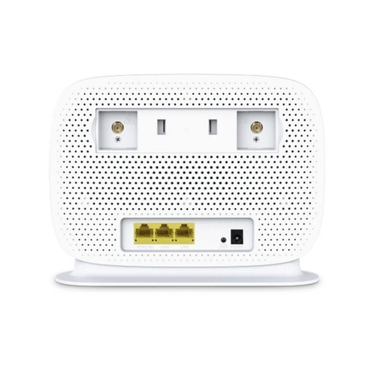Die Rückseite eines weißen Routers zeigt Ethernet-Anschlüsse, Antennenanschlüsse und eine Stromversorgung.