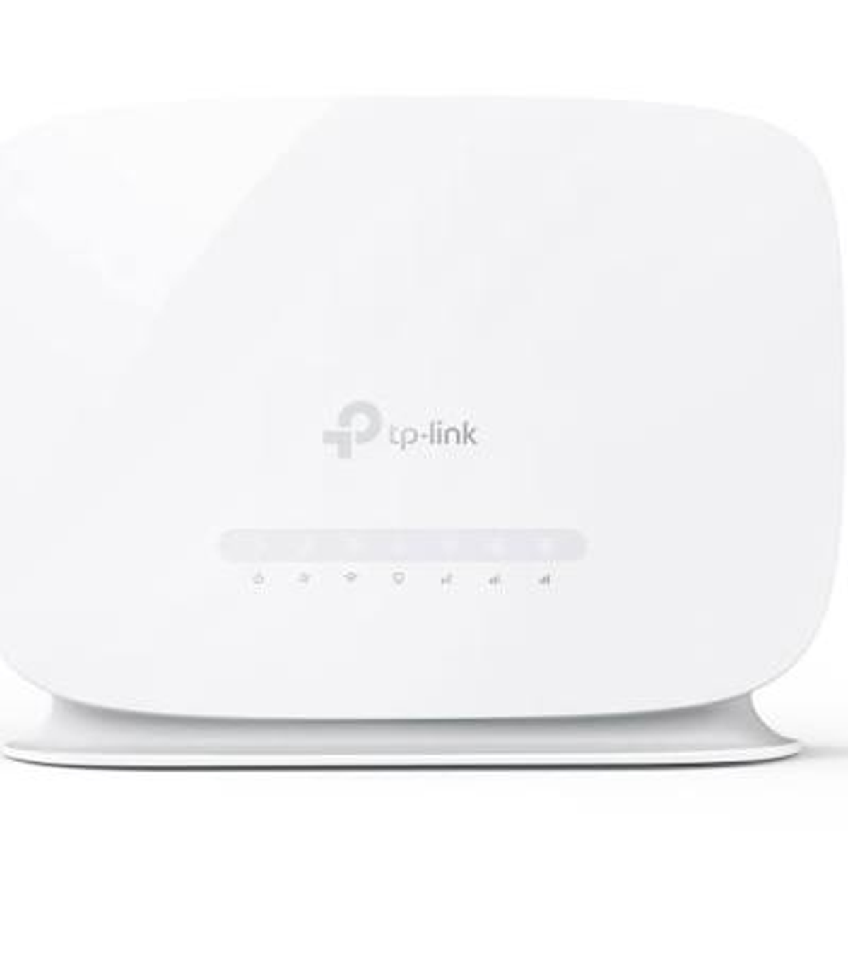 Ein weißer TP-Link WLAN-Router steht auf einer ebenen Fläche mit Status-LEDs auf der Vorderseite.