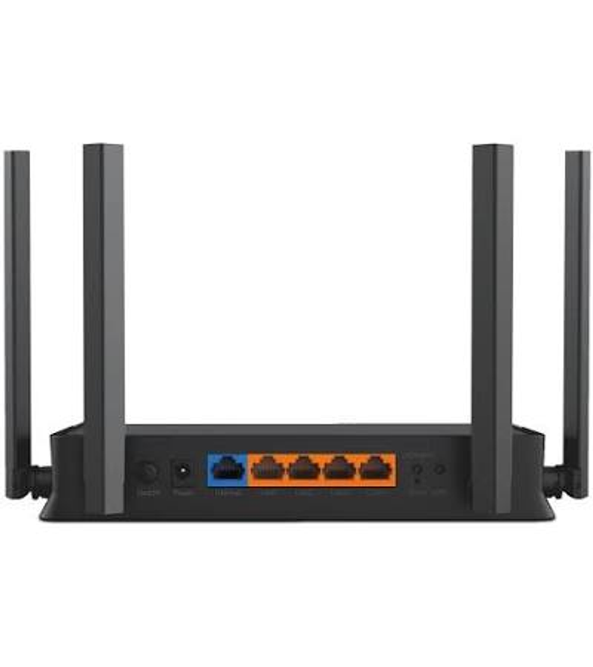 Vista posteriore di un router Wi-Fi nero con quattro antenne e porte colorate.