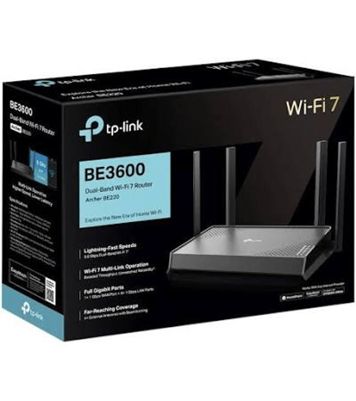 Una scatola di router Wi-Fi 7 TP-Link BE3600 nera che mostra il dispositivo con quattro antenne e caratteristiche.
