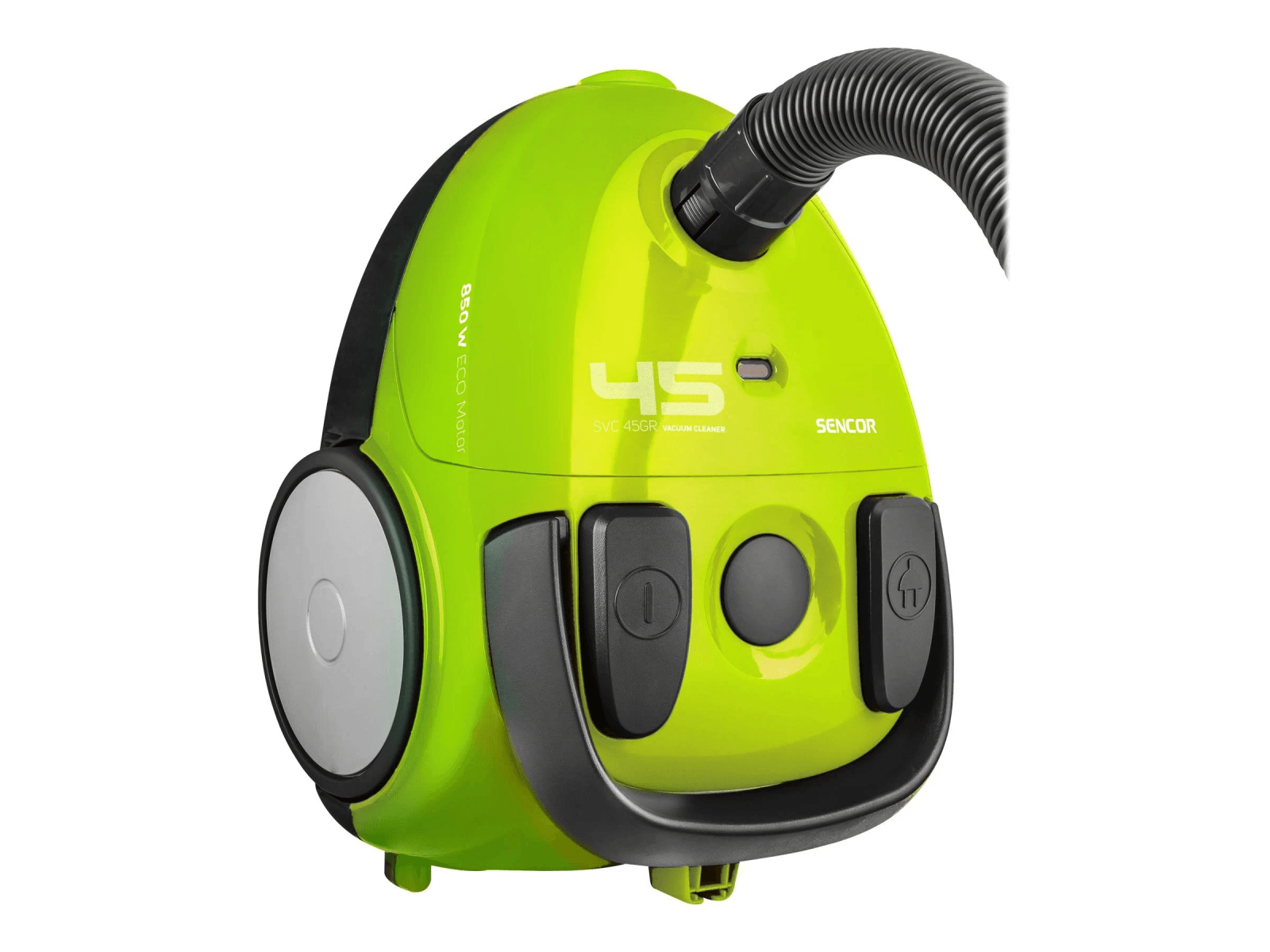 Un aspirapolvere Sencor giallo-verde brillante con tubo nero e ruote grandi.