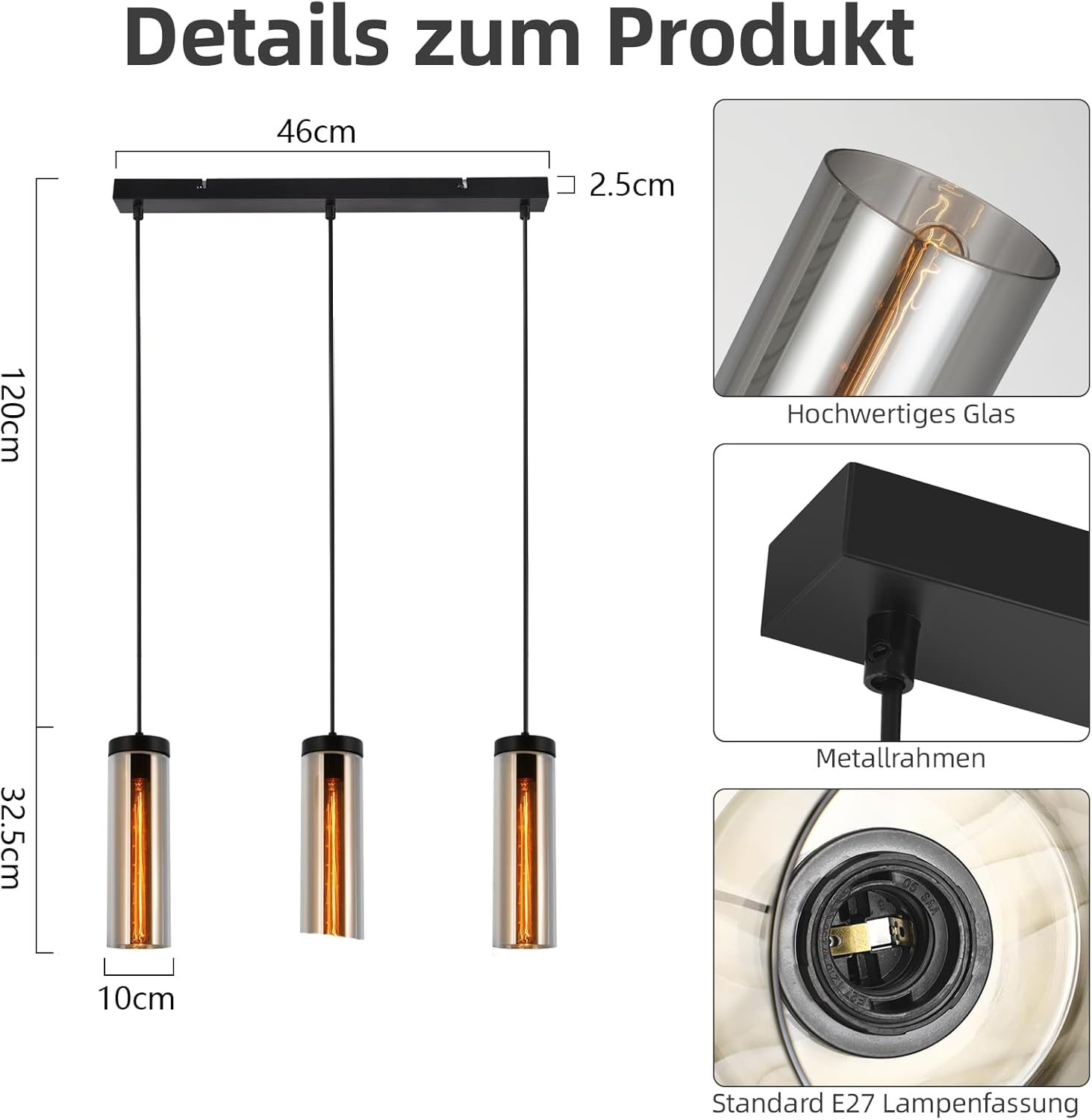 Technische Zeichnung und Details einer dreiflammigen Pendelleuchte mit Glasschirmen und Maßen.