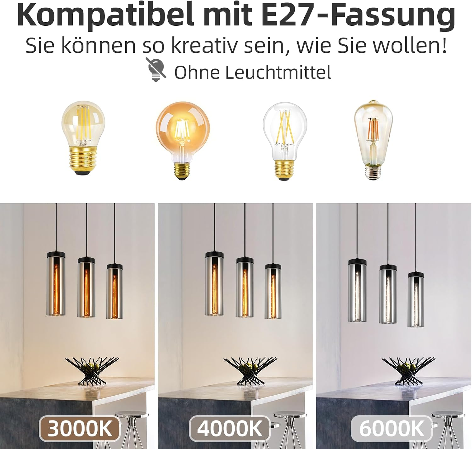 E27-Fassung ohne Leuchtmittel, mit vier Glühbirnen-Typen und drei Lampen in verschiedenen Lichtfarben.