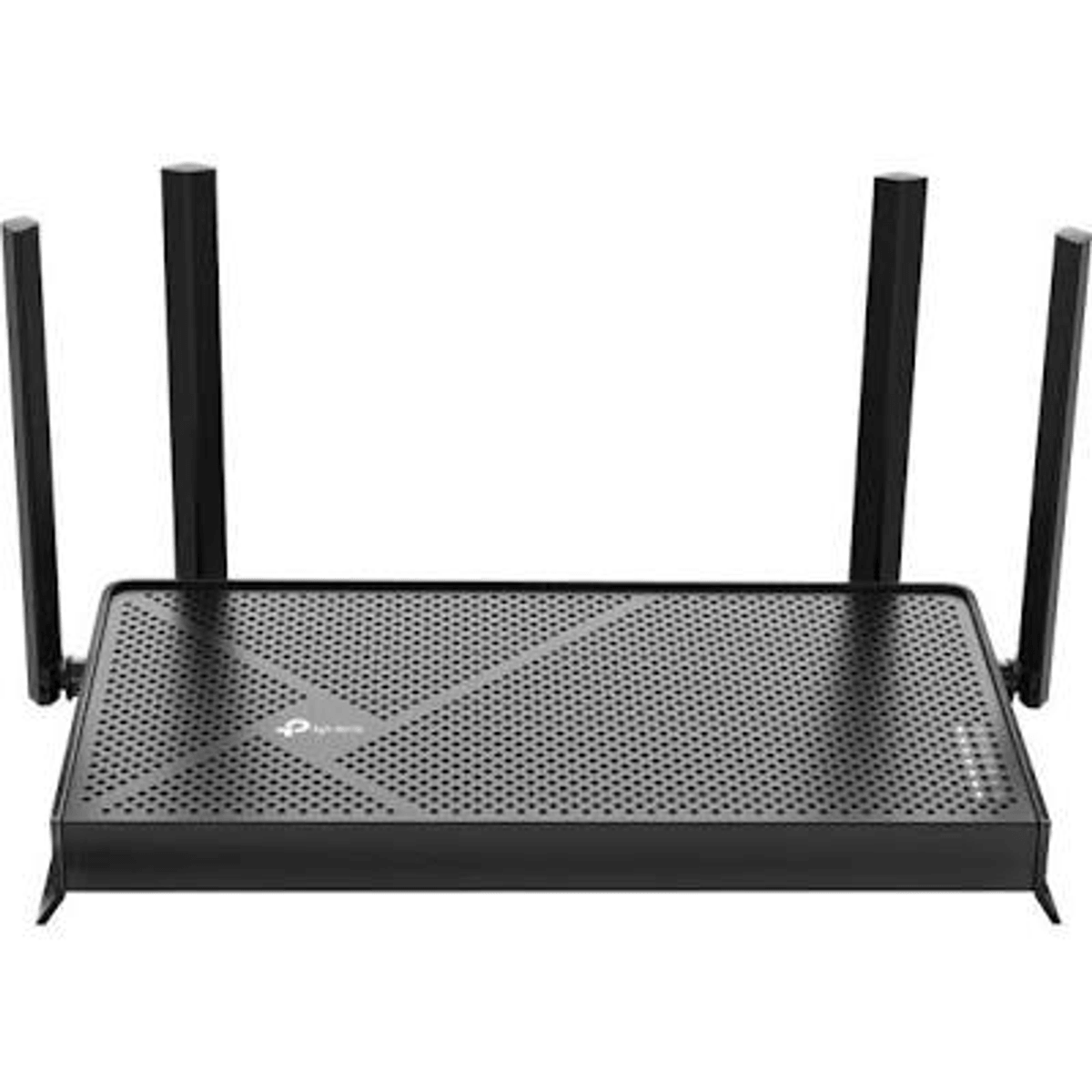Schwarzer WLAN-Router mit vier senkrechten Antennen und perforierter Oberseite.