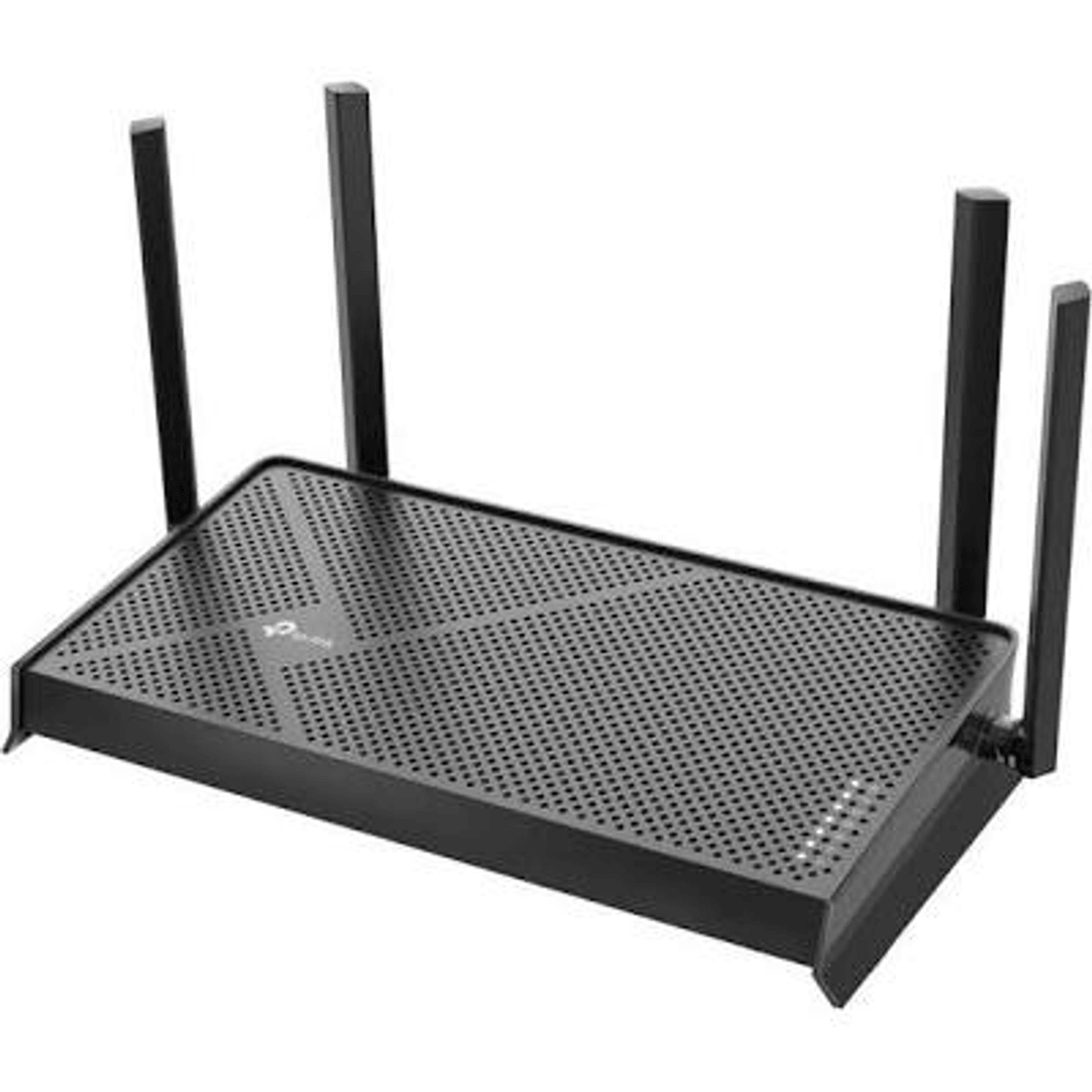 Ein schwarzer WLAN-Router mit vier vertikalen Antennen und einer perforierten Oberseite vor weißem Hintergrund.