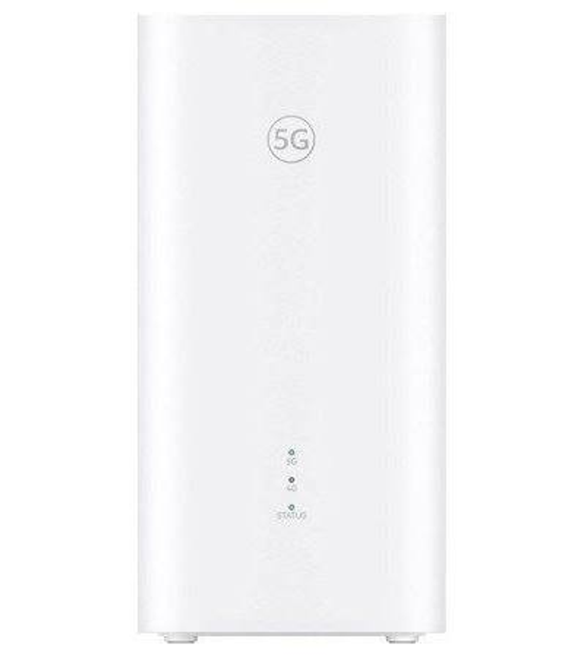 Un router 5G vertical blanco con LED de estado redondos en la parte inferior y un símbolo 5G impreso en la parte superior.