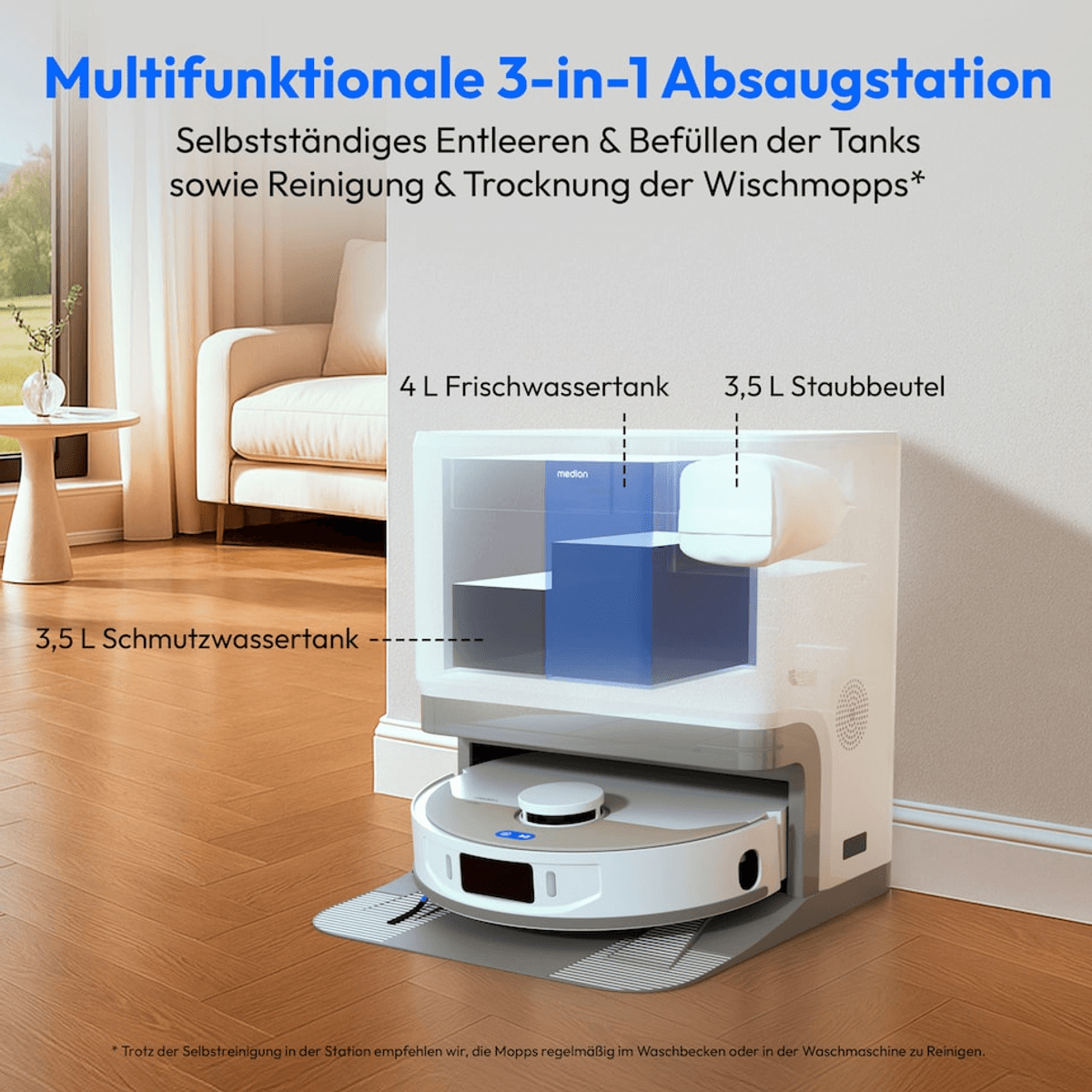 Eine multifunktionale 3-in-1 Absaugstation mit Wassertanks und Roboterstaubsauger in einem modernen Wohnzimmer.