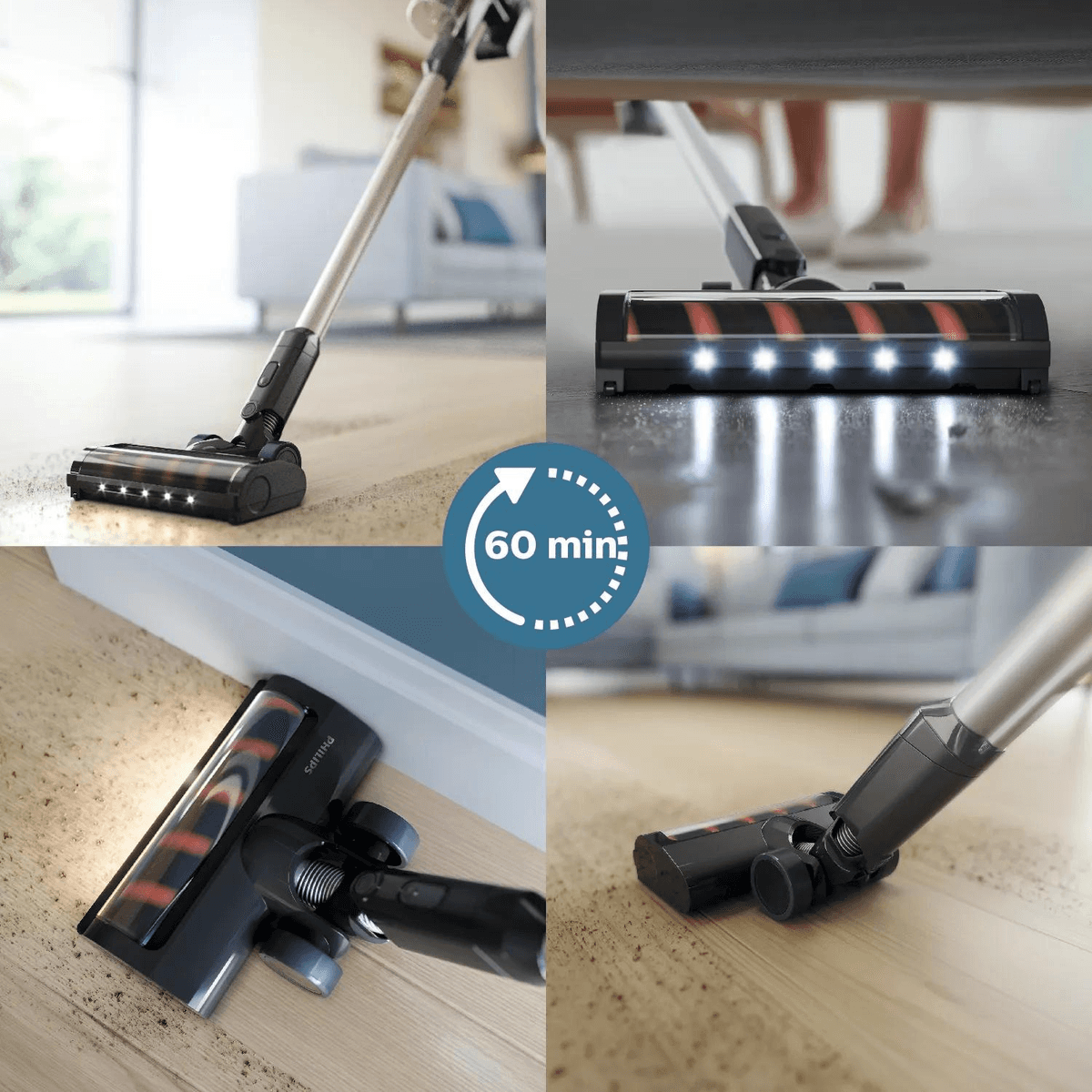 Quattro immagini di un aspirapolvere senza fili in azione, con luci LED e icona della batteria da 60 minuti.