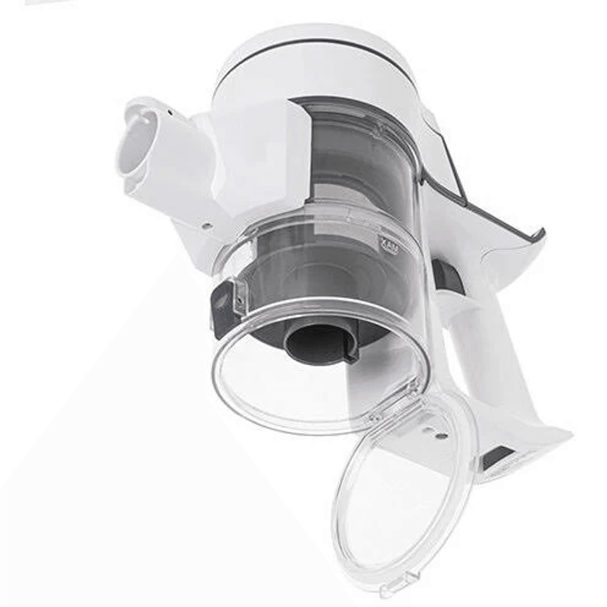 Un aspirapolvere portatile bianco con lo sportello del contenitore trasparente aperto su sfondo bianco.
