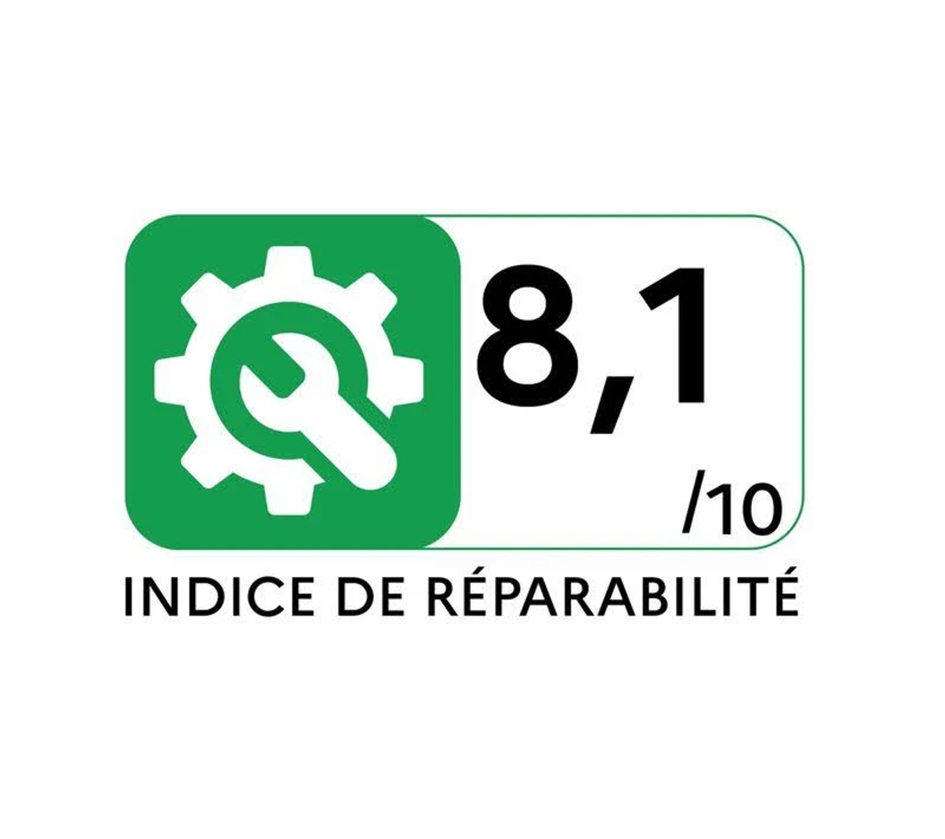 Logo indice di riparabilità con icona verde di ingranaggio e chiave inglese, punteggio 8,1 su 10.