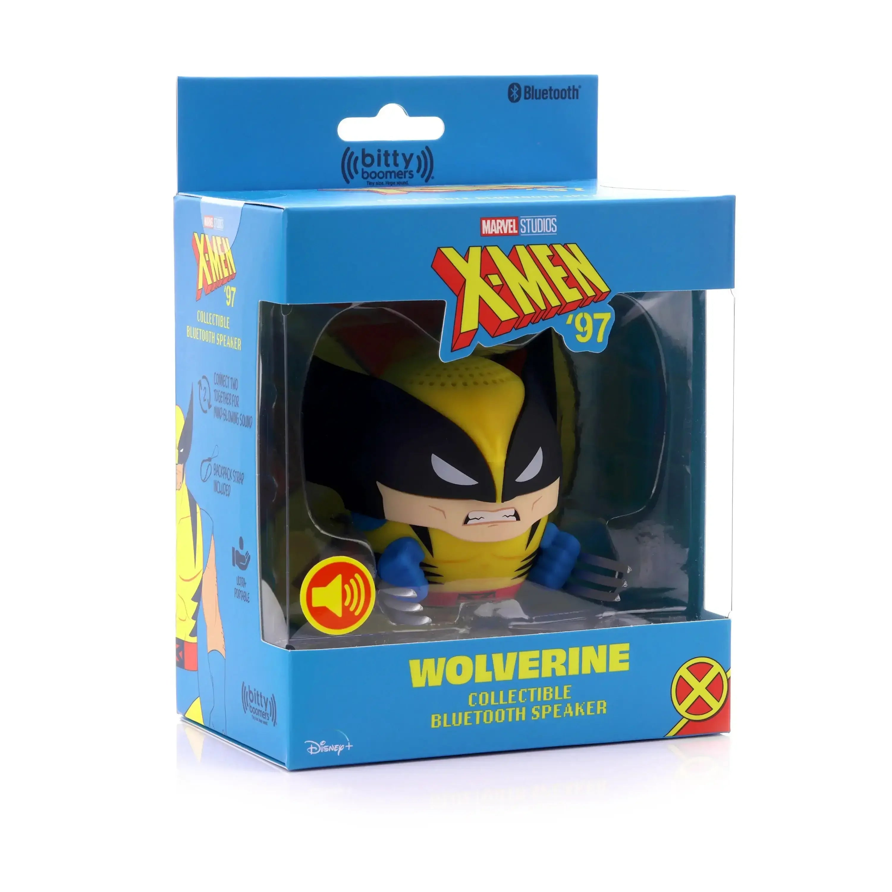 Niebieskie pudełko z kolekcjonerskim głośnikiem Bluetooth Wolverine z X-Men '97.