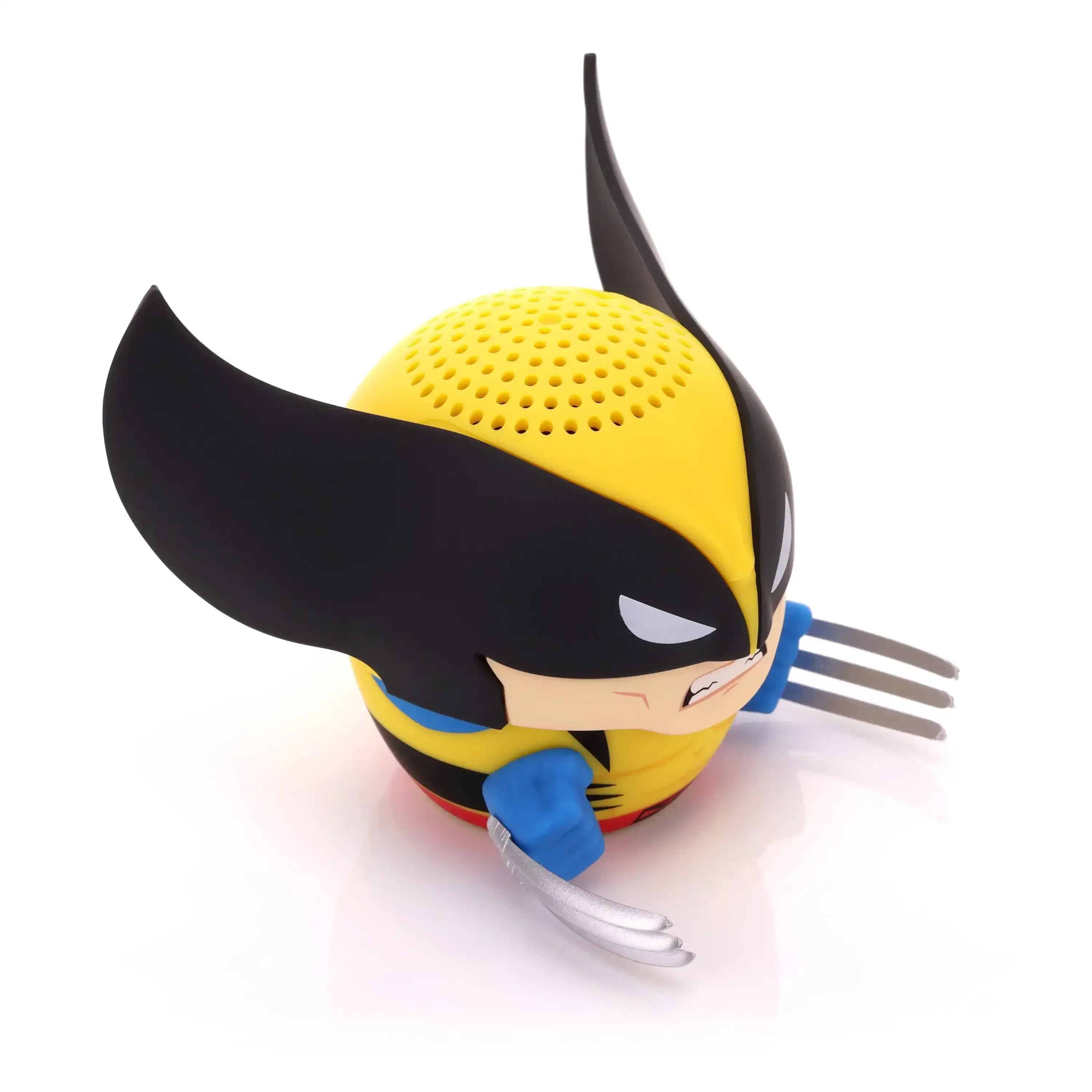 Okrągła, żółto-czarna figurka głośnika Wolverine ze srebrnymi pazurami na białym tle.