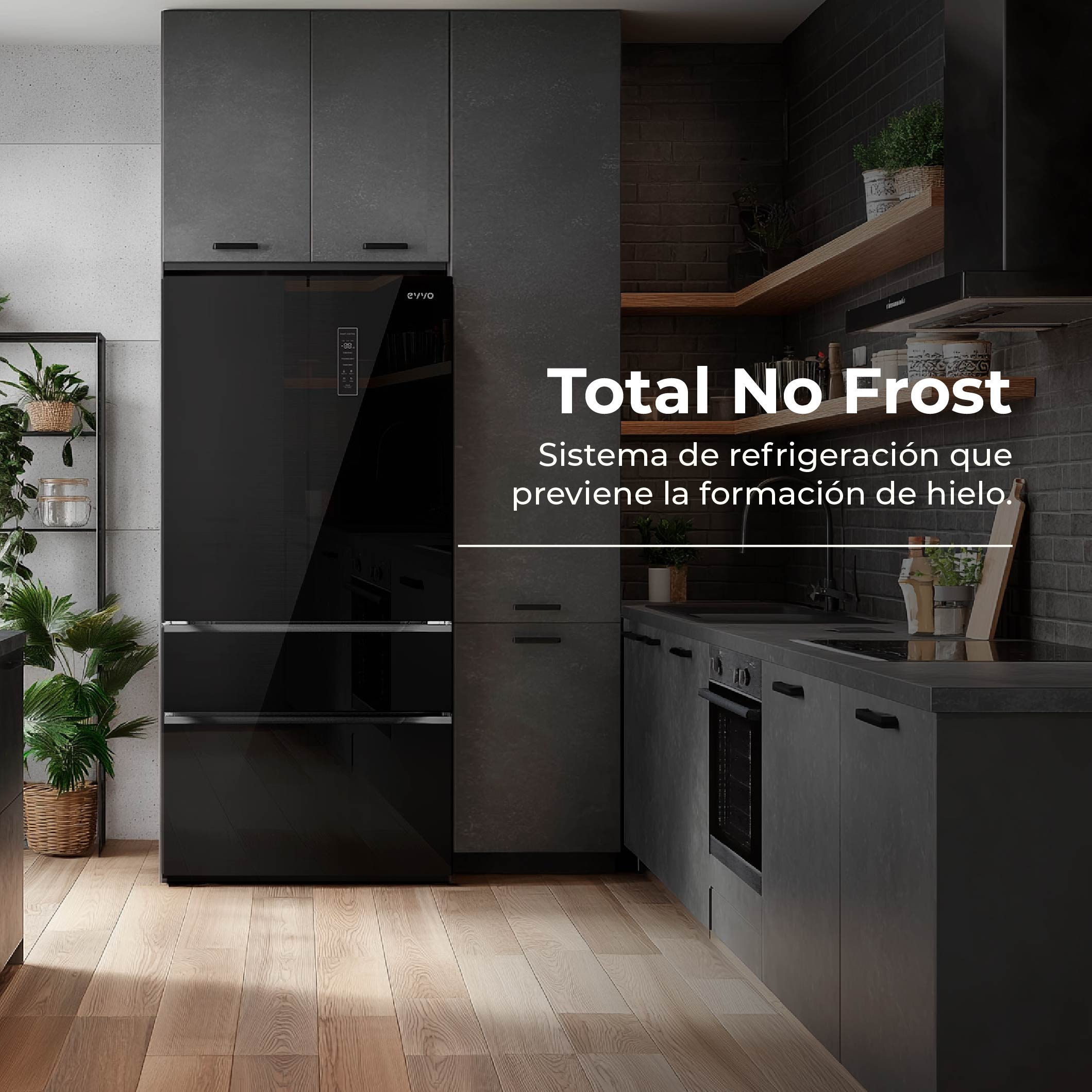 Cocina moderna oscura con gran frigorífico negro, estantes de madera y suelo de parquet.