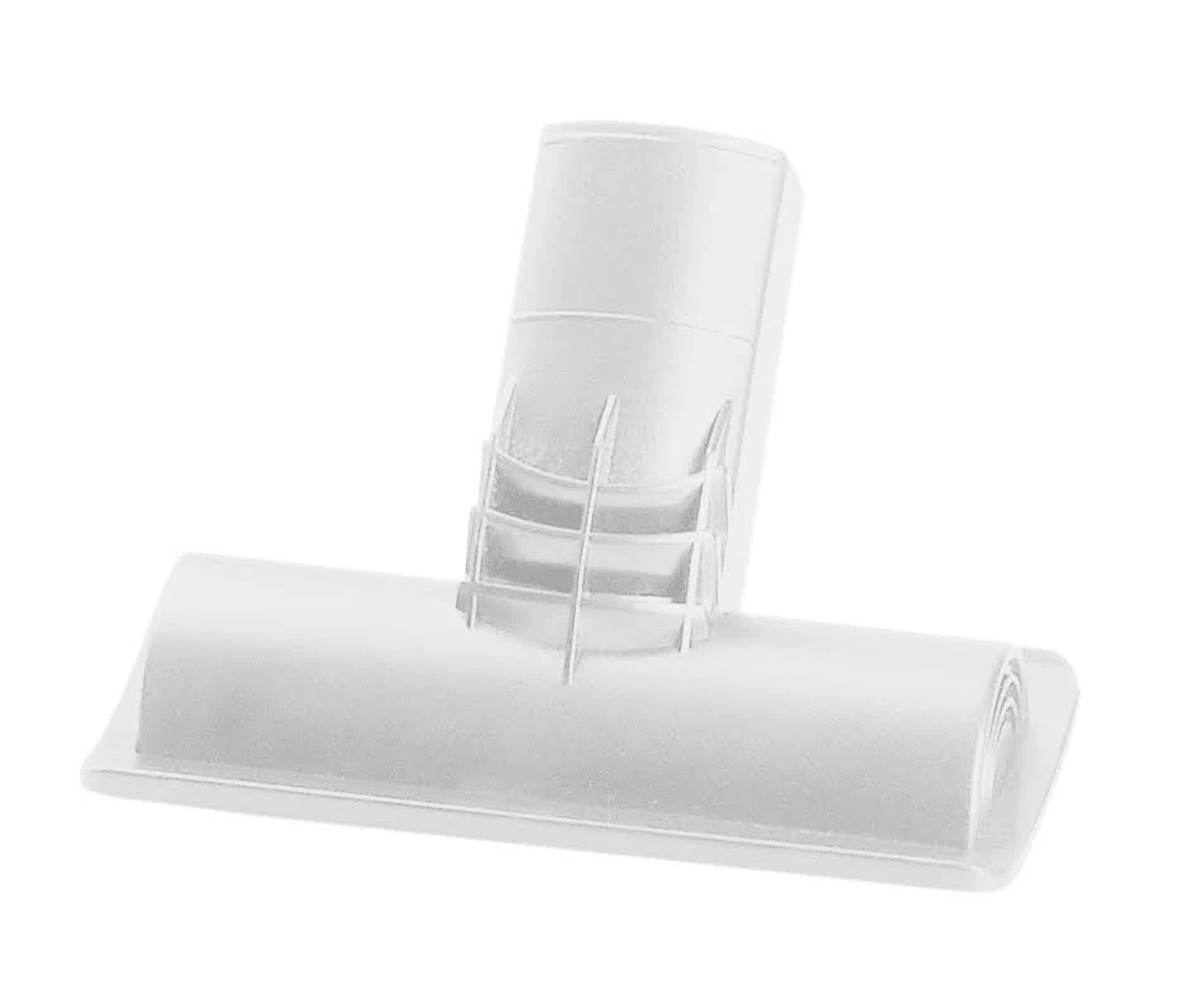Un accessorio per aspirapolvere in plastica bianca su sfondo bianco.