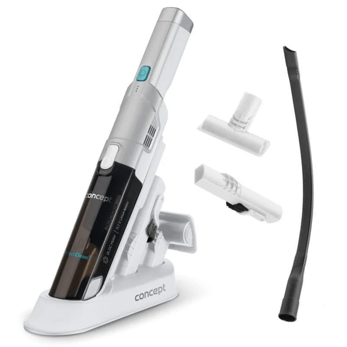 Un aspirapolvere portatile bianco su base di carica con tre accessori su sfondo bianco.
