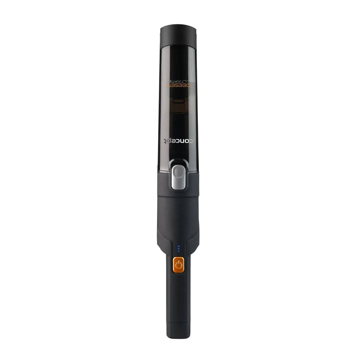 Un elegante aspirapolvere portatile nero con un contenitore per la polvere trasparente e un pulsante di accensione arancione su sfondo bianco.