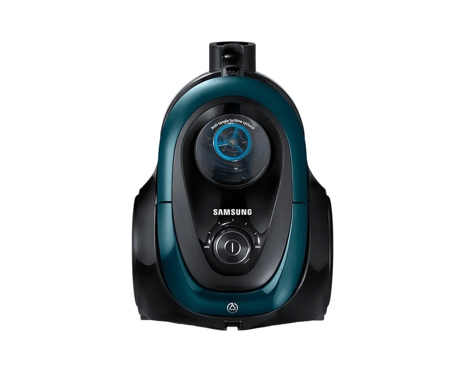 Aspirapolvere Samsung verde scuro con corpo nero e filtro ciclonico blu su sfondo bianco.