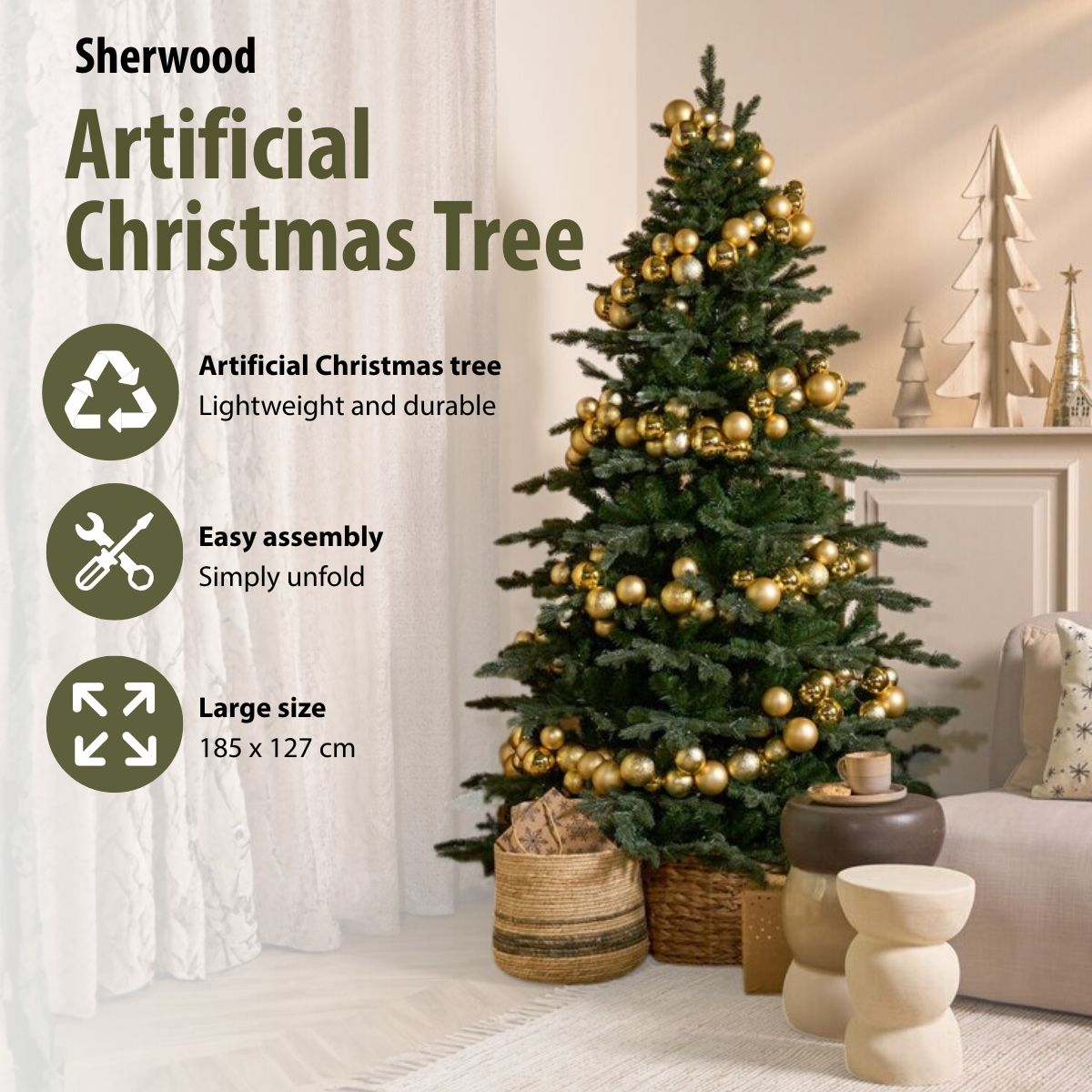 An artificial Christmas tree decorated with gold baubles in a living room, with text and product features.