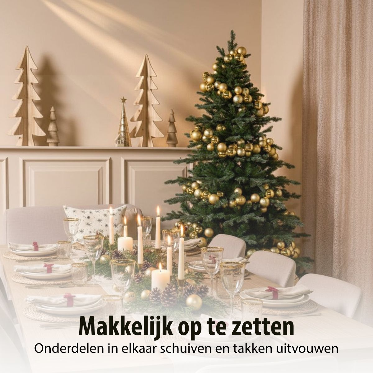 Elegant Christmas dinner setup with decorated tree and candles.