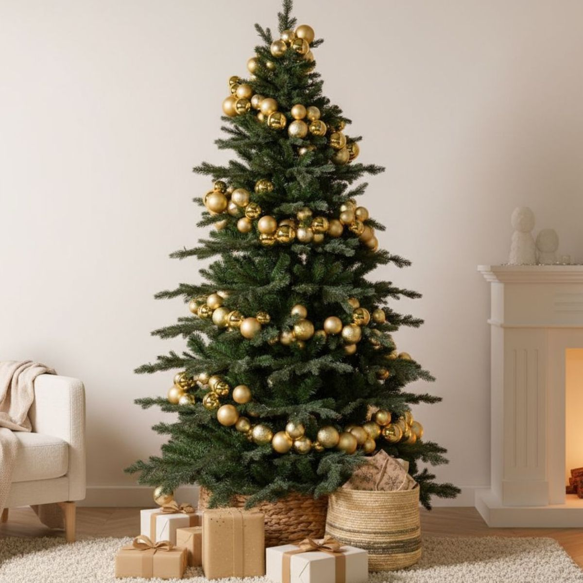 A decorated Christmas tree with gold ornaments stands in a living room, with wrapped gifts and a fireplace nearby.