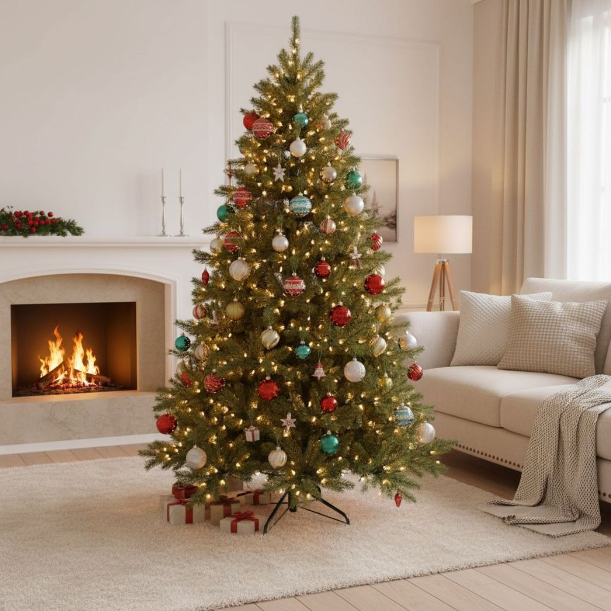 A decorated Christmas tree in a bright living room with a fireplace and sofa.