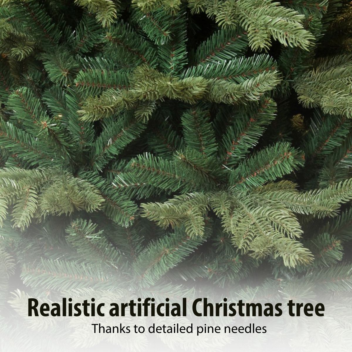 Detailed needles of a realistic artificial Christmas tree.