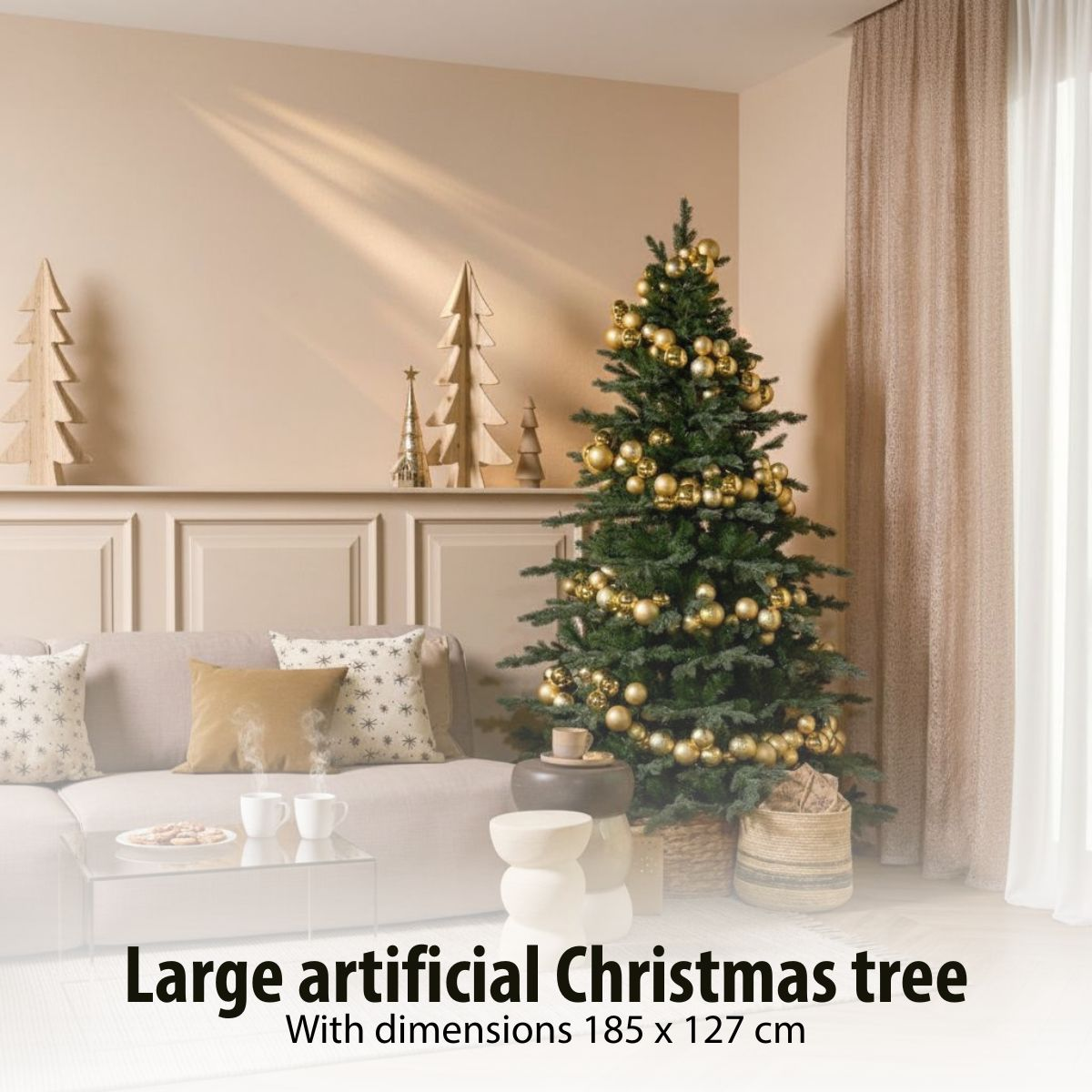 A decorated Christmas tree with gold ornaments in a cozy living room with a sofa and wooden tree figures.
