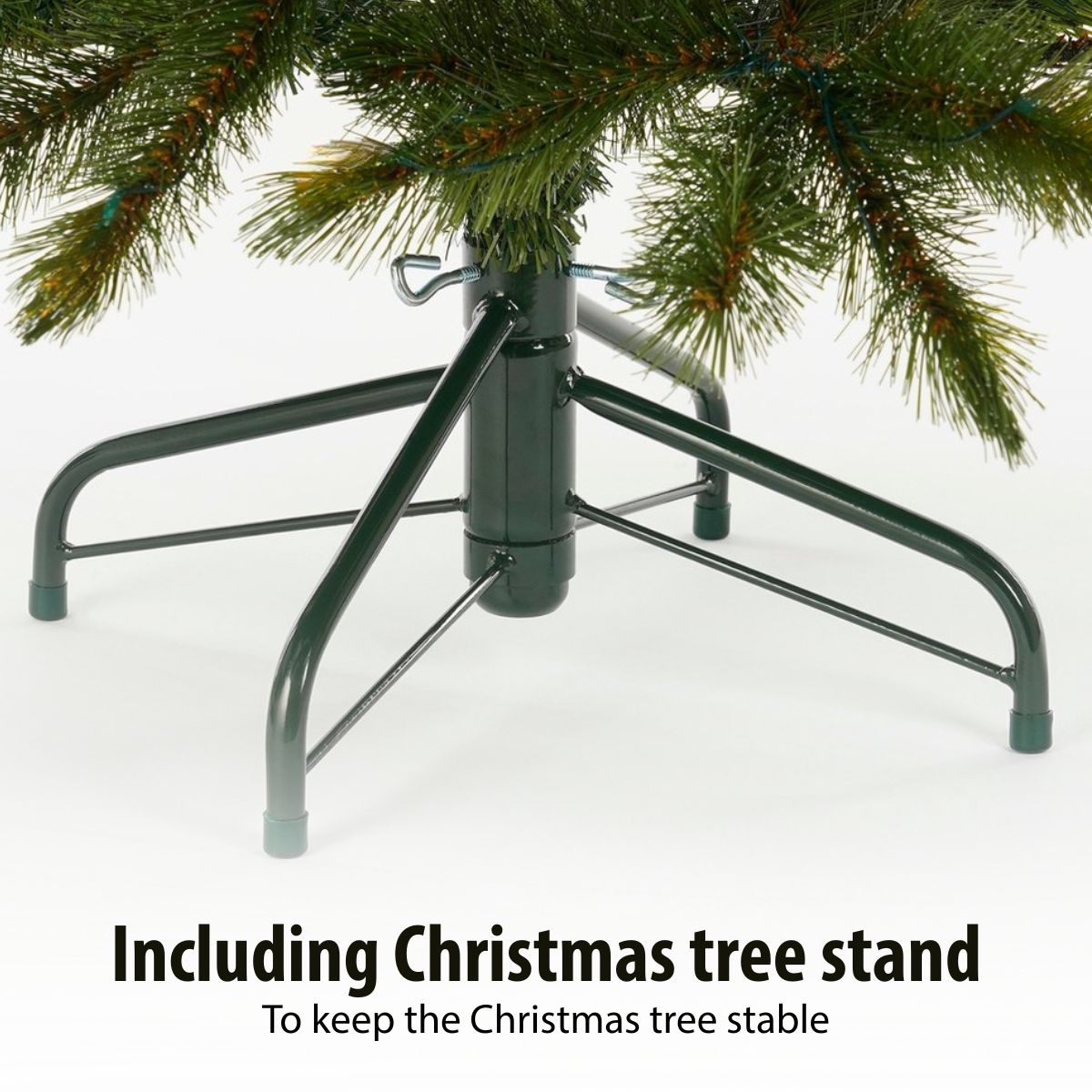 Green four-legged Christmas tree stand keeping the tree stable on a light background.