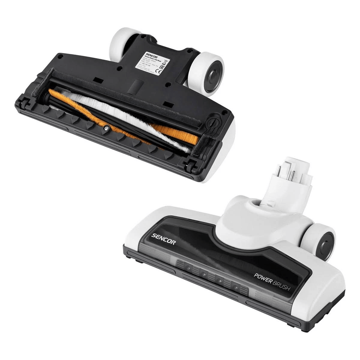 Unter- und Oberseite einer weißen und schwarzen Sencor Power Brush Staubsaugerdüse mit rotierender Bürste.