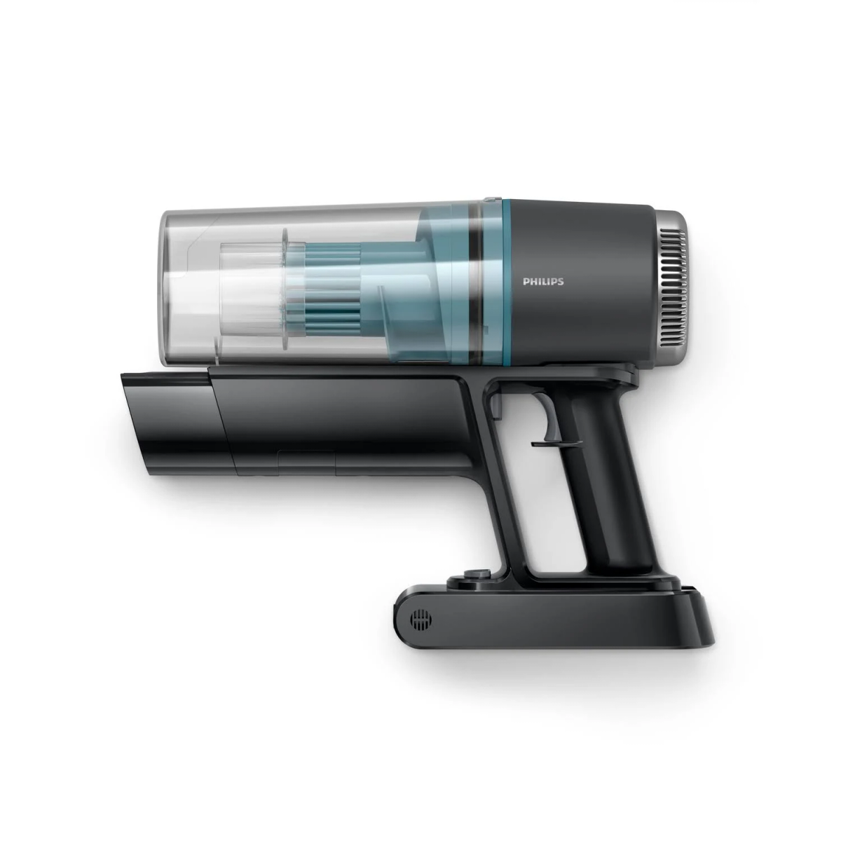 Un aspirapolvere portatile Philips nero con contenitore trasparente e filtri blu su sfondo bianco.