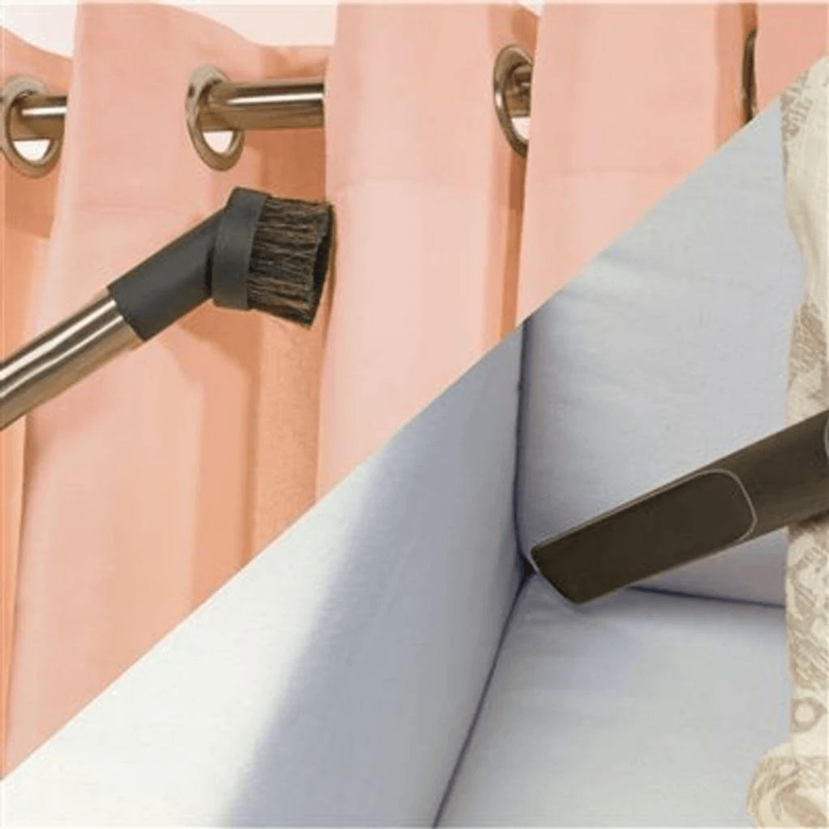 Gli accessori dell'aspirapolvere puliscono tende e mobili rosa.