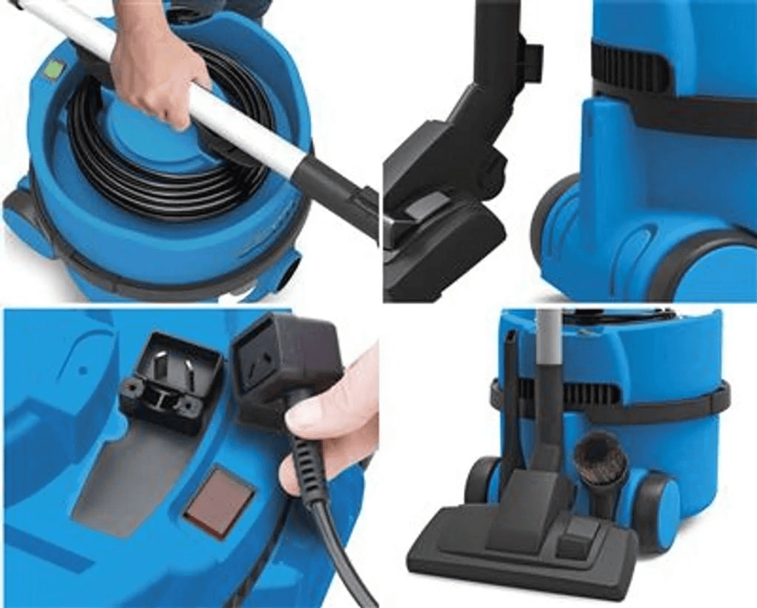 Quattro immagini mostrano i dettagli di un aspirapolvere industriale blu, inclusi cavo, bocchetta e spina.