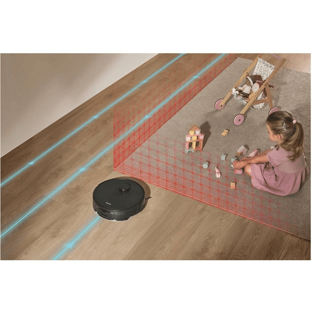 Un robot aspirapolvere pulisce il pavimento in legno vicino a un tappeto con una bambina, diviso da un confine virtuale.