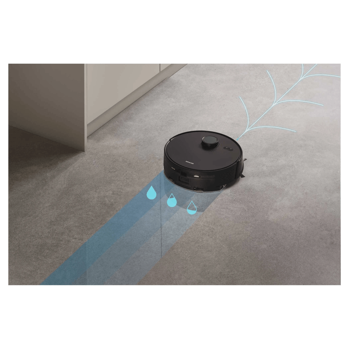 Un robot aspirapolvere nero lava il pavimento grigio, illustrato con gocce d'acqua e linee blu.