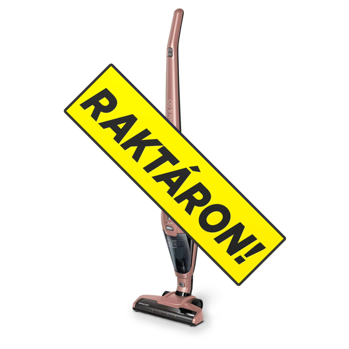 Un aspirapolvere verticale in oro rosa su sfondo bianco con un grande banner promozionale giallo.