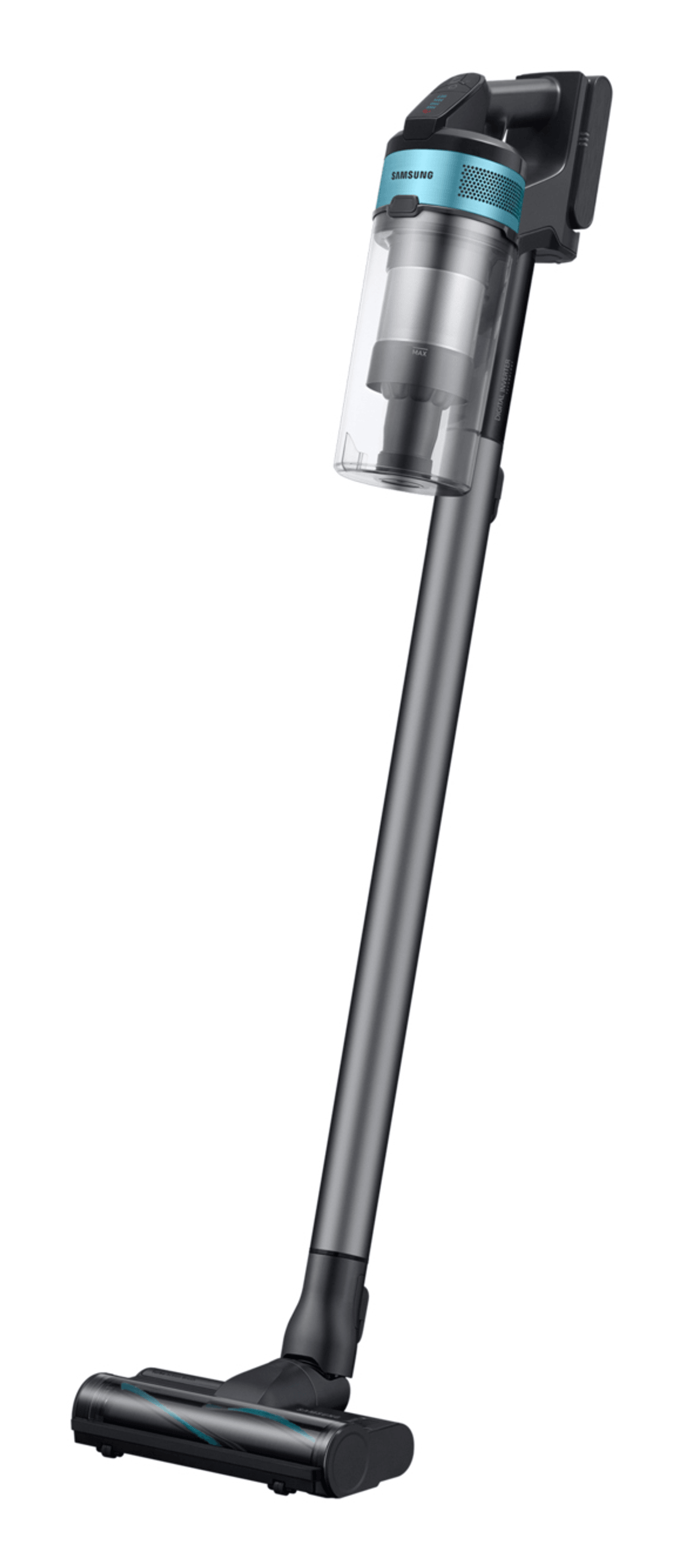 Aspirapolvere senza fili grigio con sezione batteria azzurro chiaro e contenitore trasparente su fondo bianco.