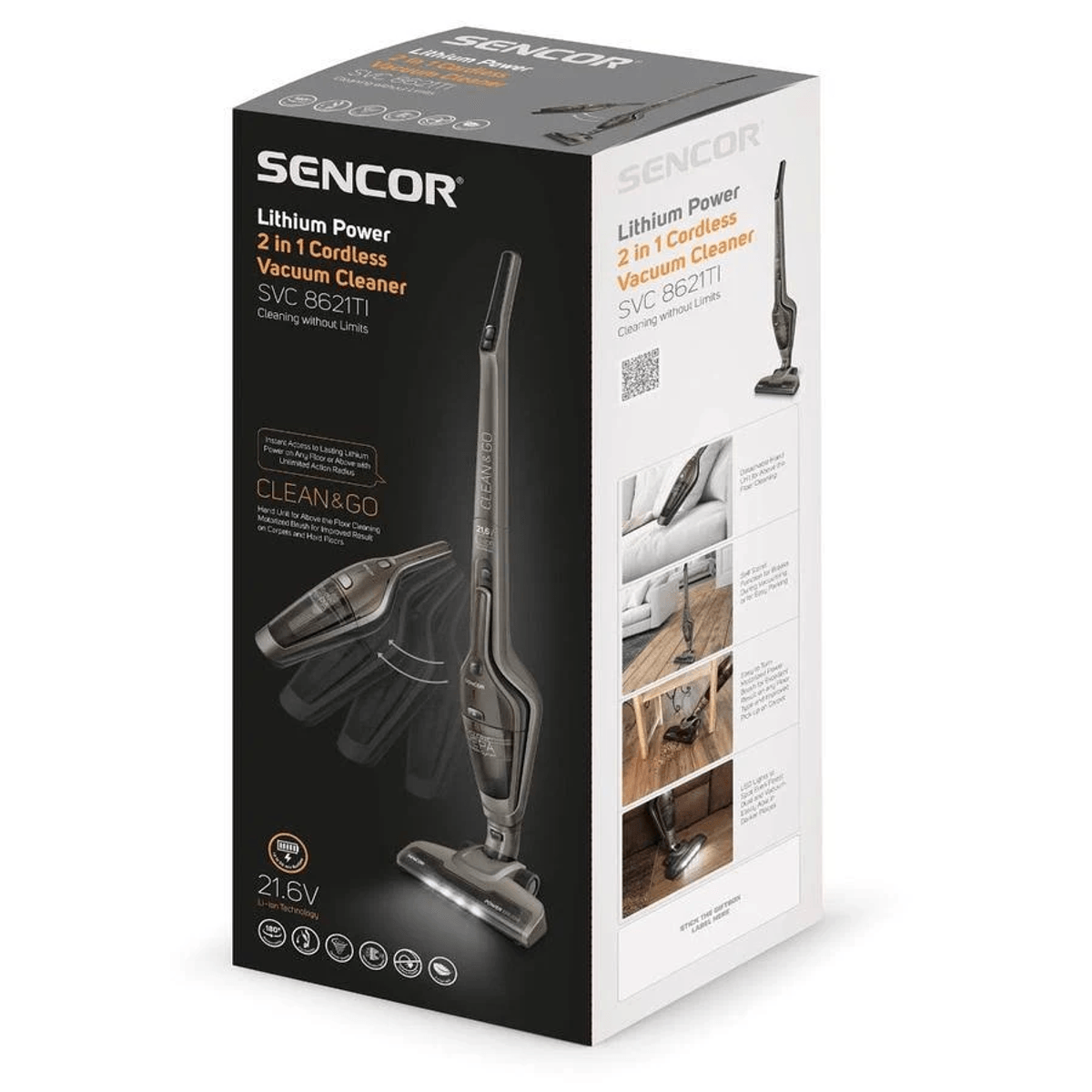 Scatola di un aspirapolvere senza fili Sencor 2 in 1 con immagini.