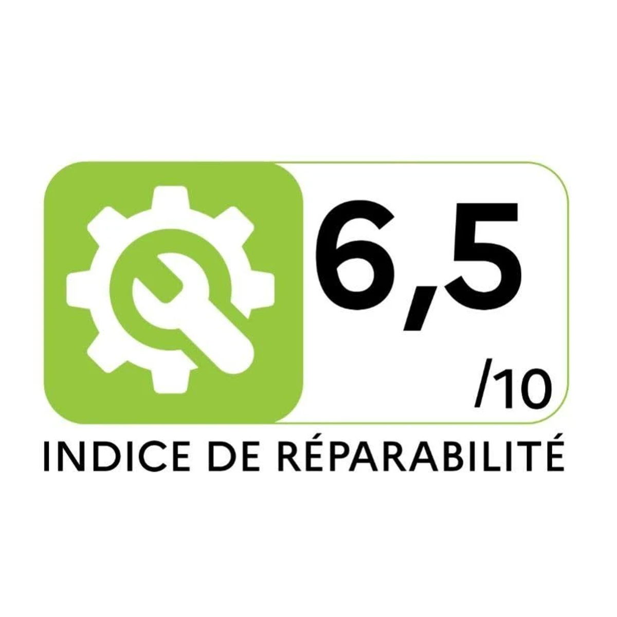 Logo de índice de reparabilidad con un icono de engranaje y llave verde, con una puntuación de 6,5 sobre 10.