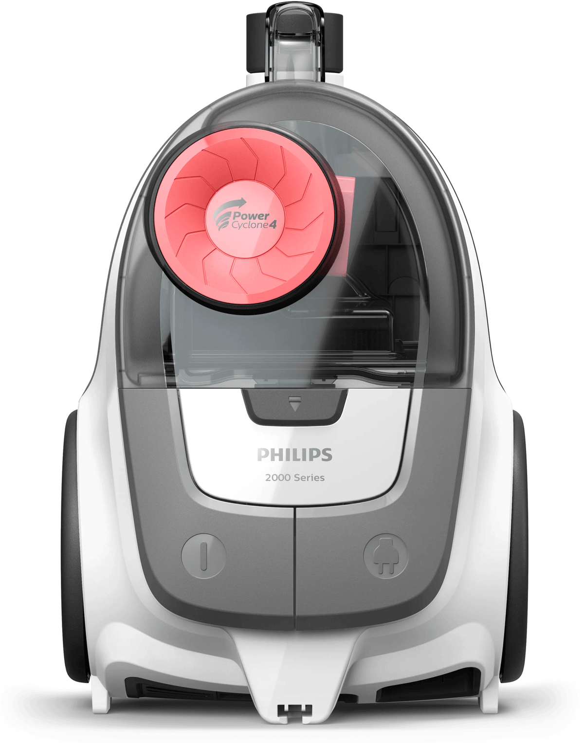 Weißer Philips 2000 Series Staubsauger mit rotem PowerCyclone 4 Filter und großen grauen Tasten.