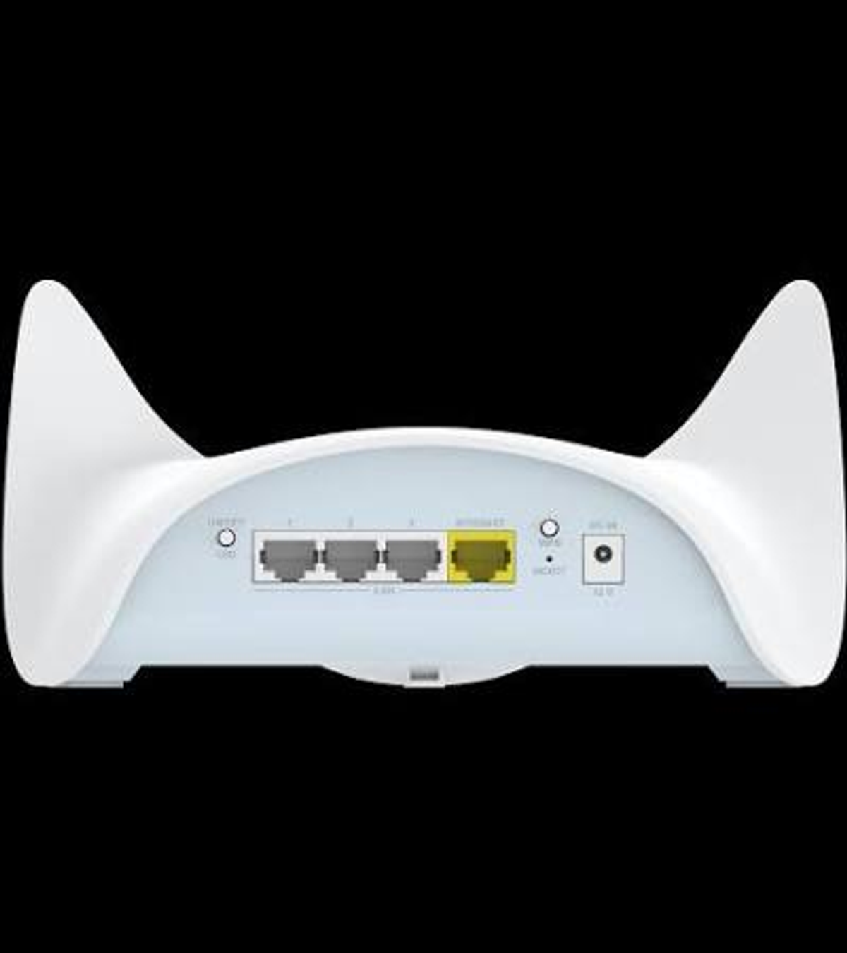 Retro di un router bianco con porte LAN, porta internet gialla e ingresso di alimentazione.